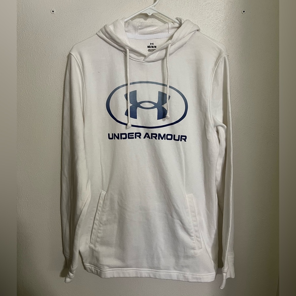 UNDER ARMOUR Classic Logo Graphic Hooded Long Sleeve T White Blue Men's Size M